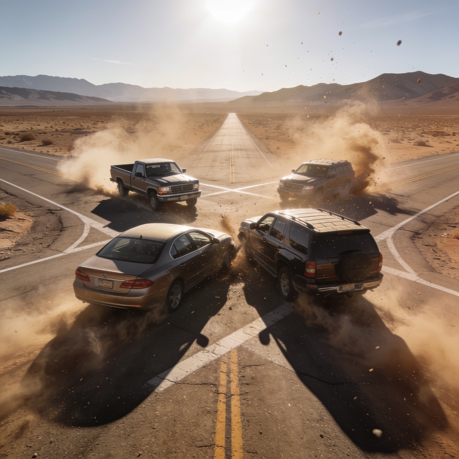 Vehicles approaching an intersection in Nevada where fault may be shared between multiple drivers.