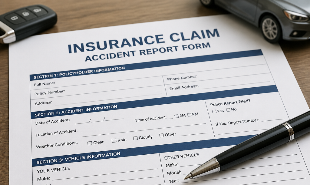 Reno driver reviewing insurance claim paperwork after a motor vehicle accident.