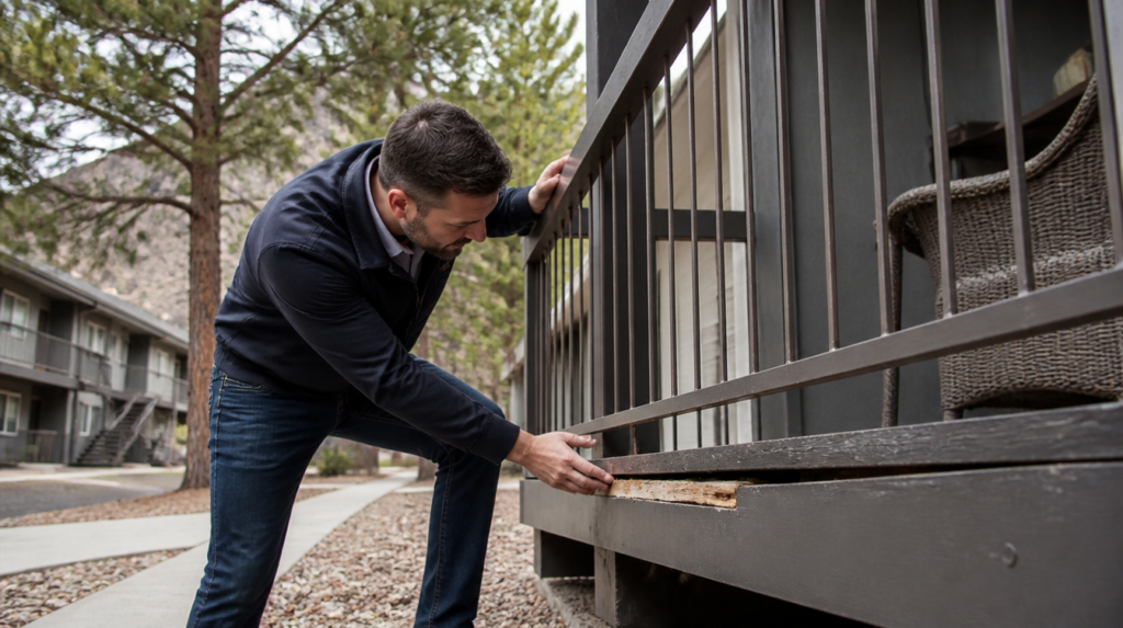 Property manager inspecting a damaged railing at a Reno apartment complex