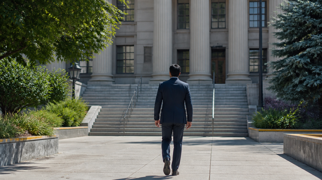 Person walking toward a courthouse in Reno