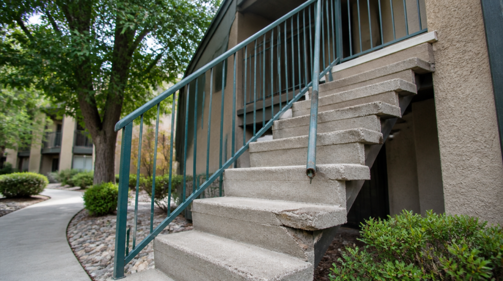 Damaged apartment stairs that could cause a rental property injury in Reno